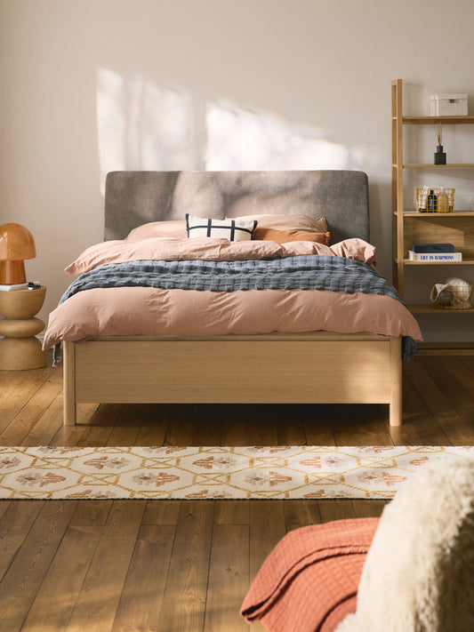 Santero Wooden Bed with Upholstered Headboard and Drawers