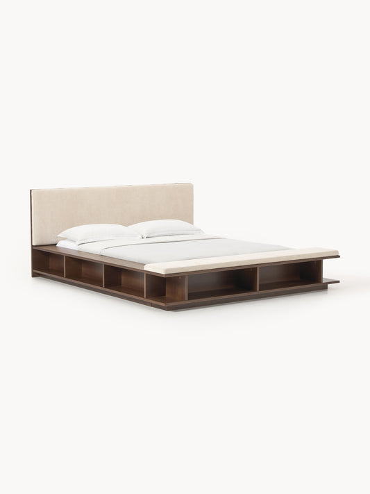 Clarven Wooden Bed Frame with Side Shelves and Bench