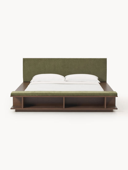 Clarven Wooden Bed Frame with Side Shelves and Bench