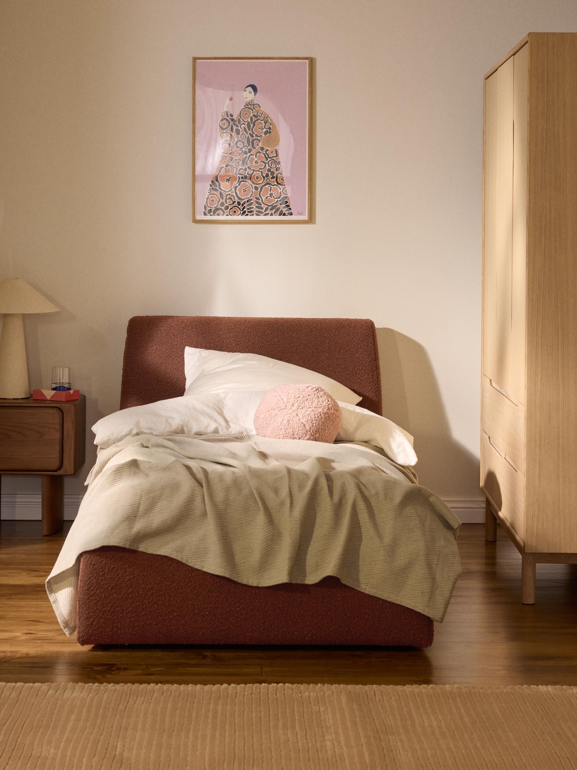 Cloven Single Bed in Bouclé with Storage