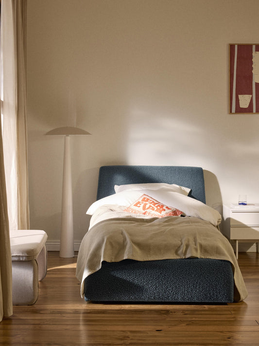 Cloven Single Bed in Bouclé with Storage
