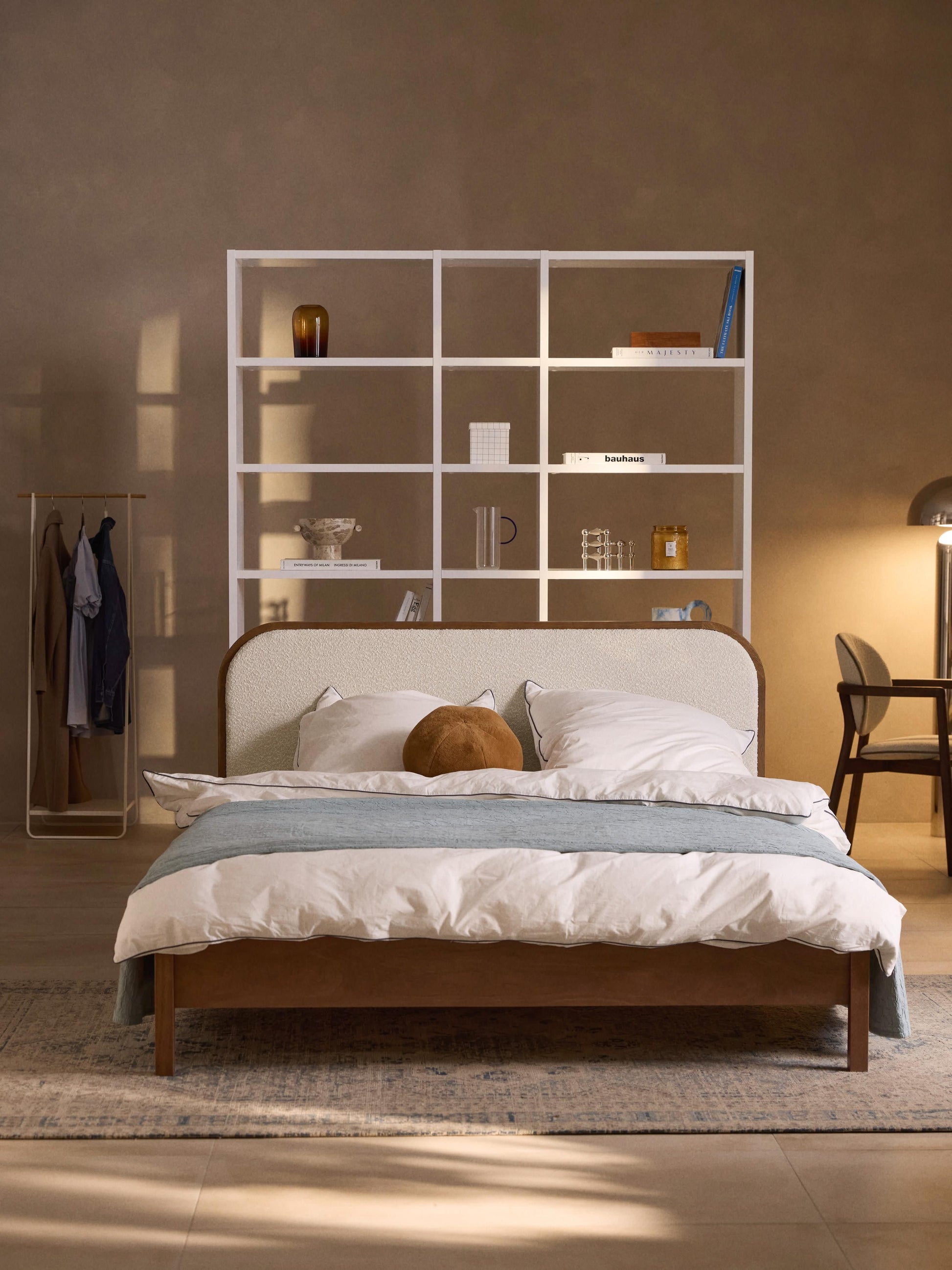 Jonner Wooden Bed with Bouclé Headboard