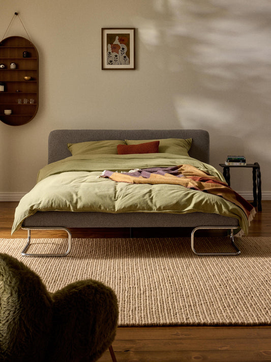 Olira Upholstered Bed in Bouclé with Metal Legs