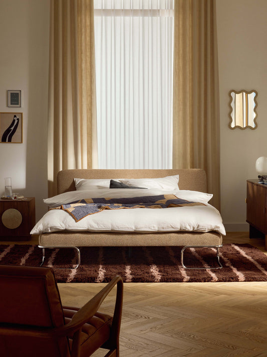 Olira Upholstered Bed in Bouclé with Metal Legs