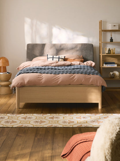 Santero Wooden Bed with Upholstered Headboard and Drawers