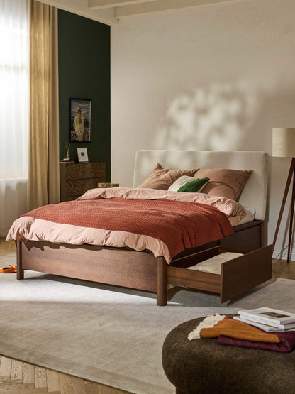 Santero Wooden Bed with Upholstered Headboard and Drawers