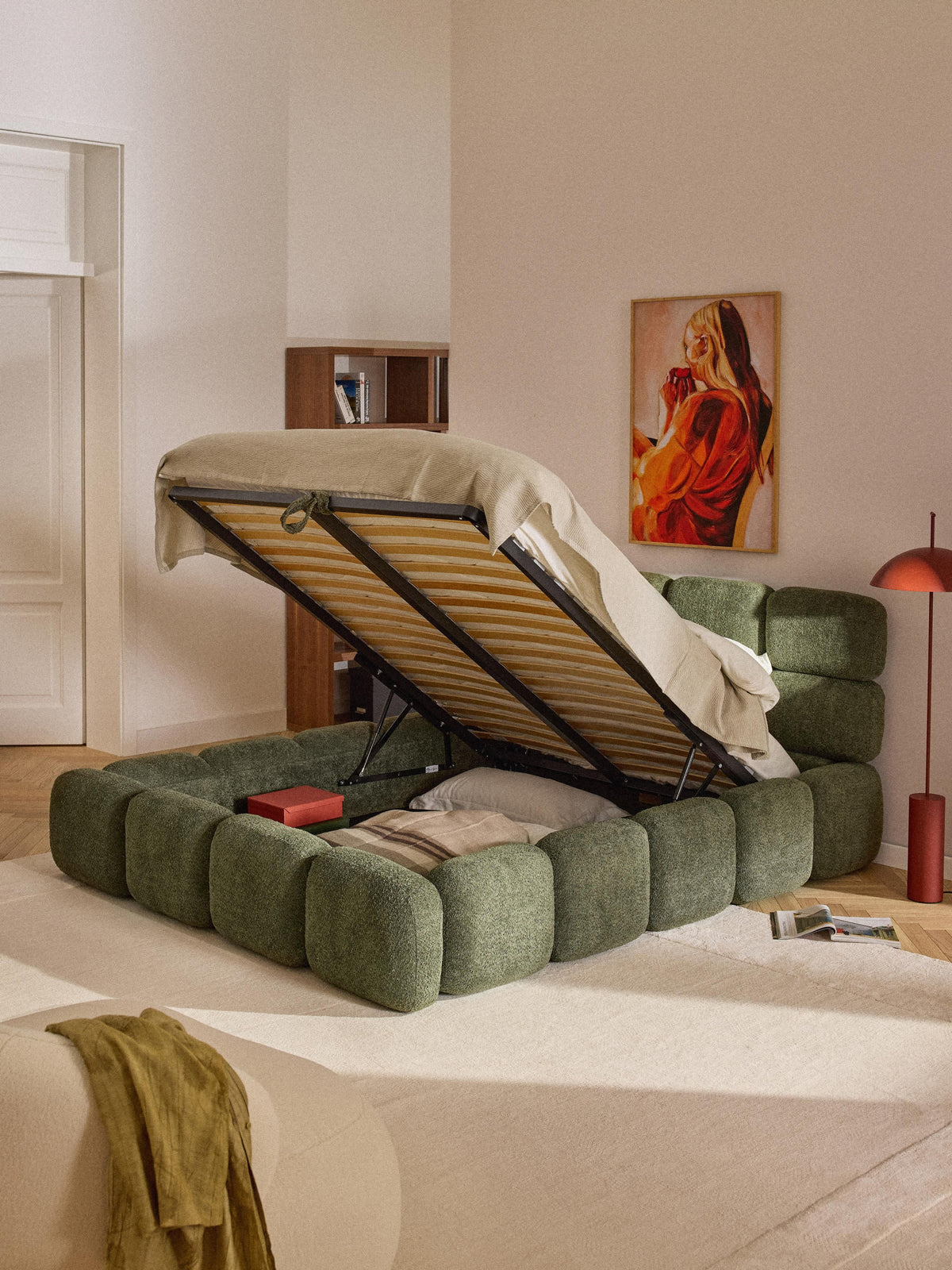 Taylora Upholstered Bed in Teddy Bouclé with Storage