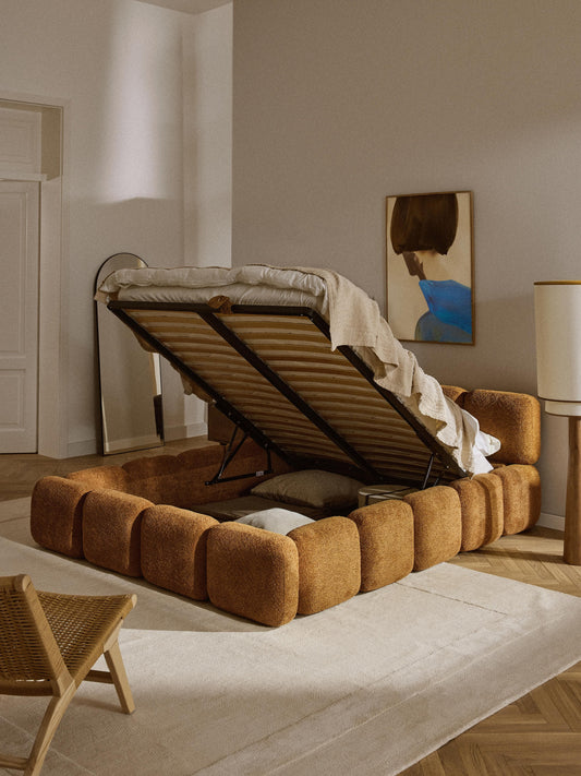 Taylora Upholstered Bed in Teddy Bouclé with Storage