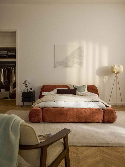 Wolna Upholstered Bed in Teddy Bouclé with Storage